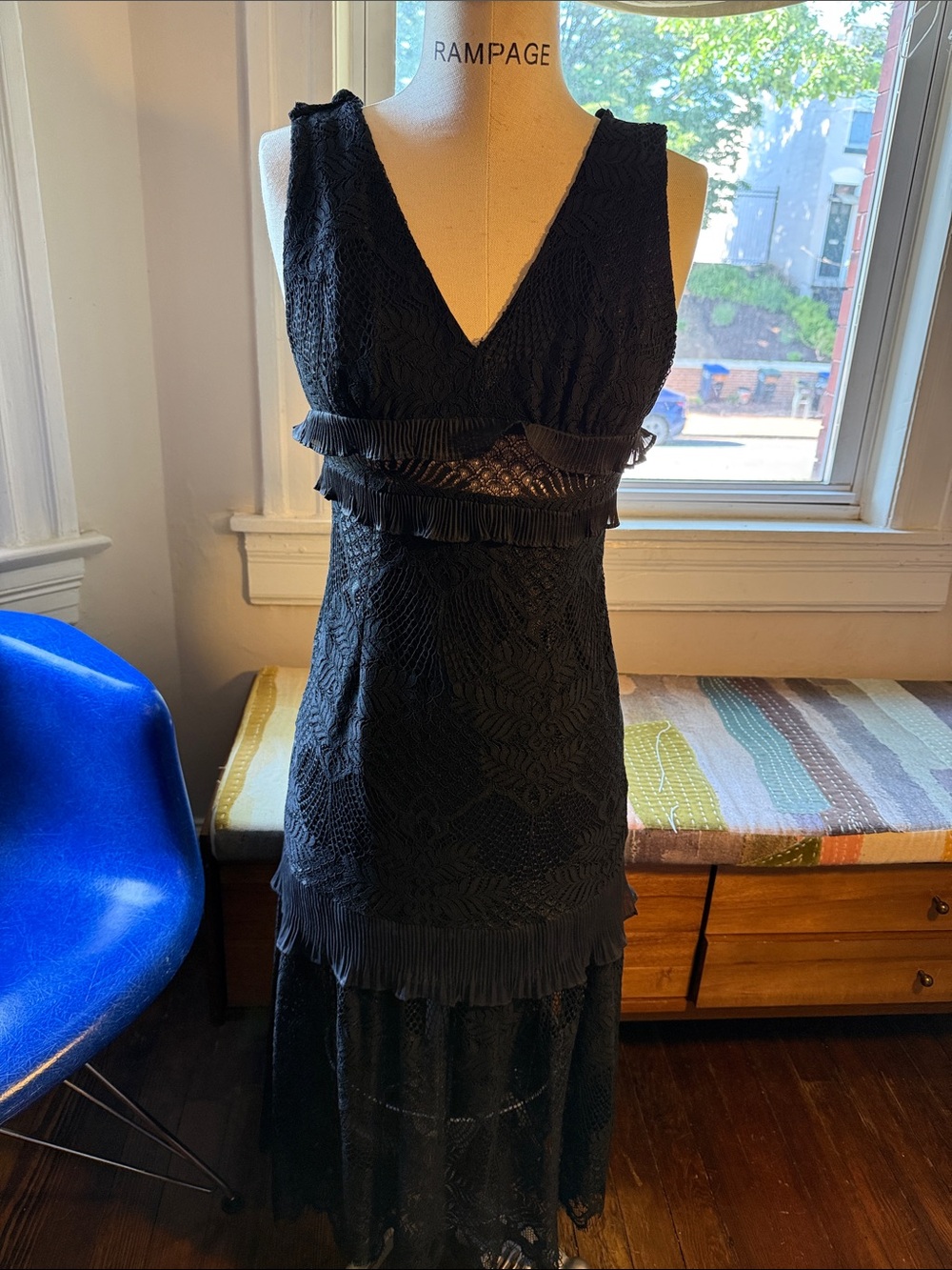 Lulu's Black Lace V-Neck Maxi Dress with Pleated Ruffle Trim from Nordstrom